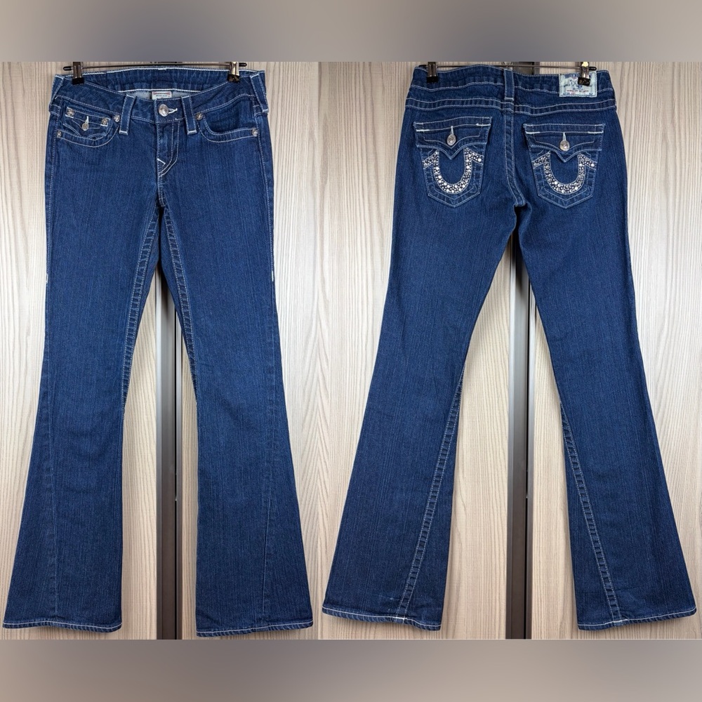 NWOT True Religion ‘Joey’ Flare Leg Jeans ~ in Dark Blue Wash w/Crystal ~ 28